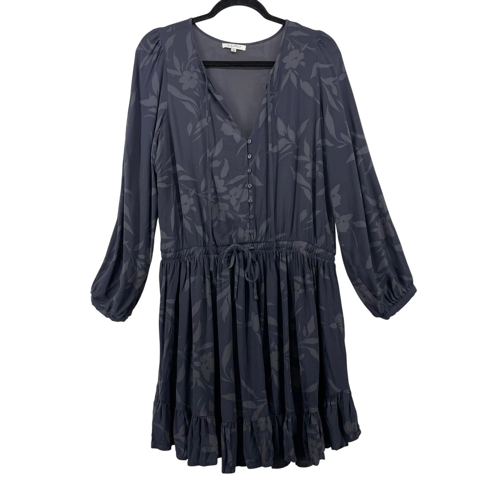 Z Supply Size XL Mini Dress Gray Dark Floral Long Sleeve V-Neck Boho Womens